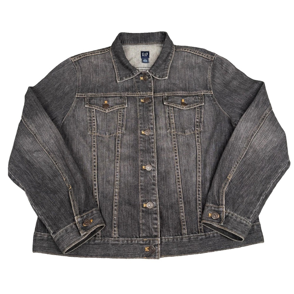 Vintage GAP Jean Jacket Womens XL Faded Black Stretch Denim Y2K Trucker Grunge